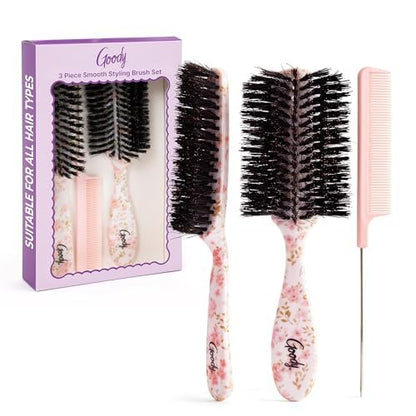 Goody 3-Piece Styling Hairbrush Set – Floral Pattern – Boar Bristle Smoothing Brush, Half-Round 180° Brush, Rat-Tail Comb – For All Hair Types – Gift for Women & Girls Avelisse
