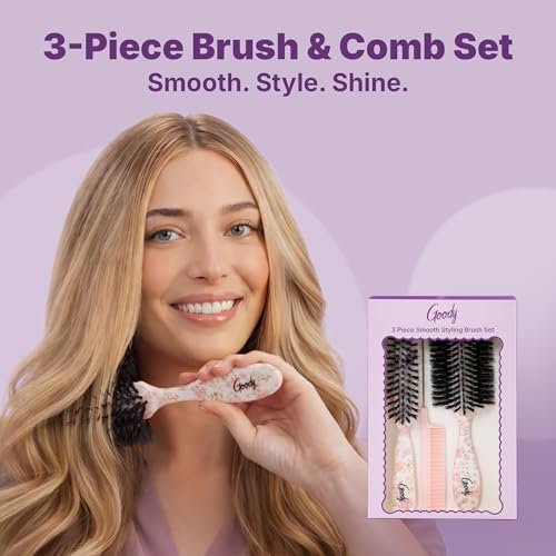 Goody 3-Piece Styling Hairbrush Set – Floral Pattern – Boar Bristle Smoothing Brush, Half-Round 180° Brush, Rat-Tail Comb – For All Hair Types – Gift for Women & Girls Avelisse