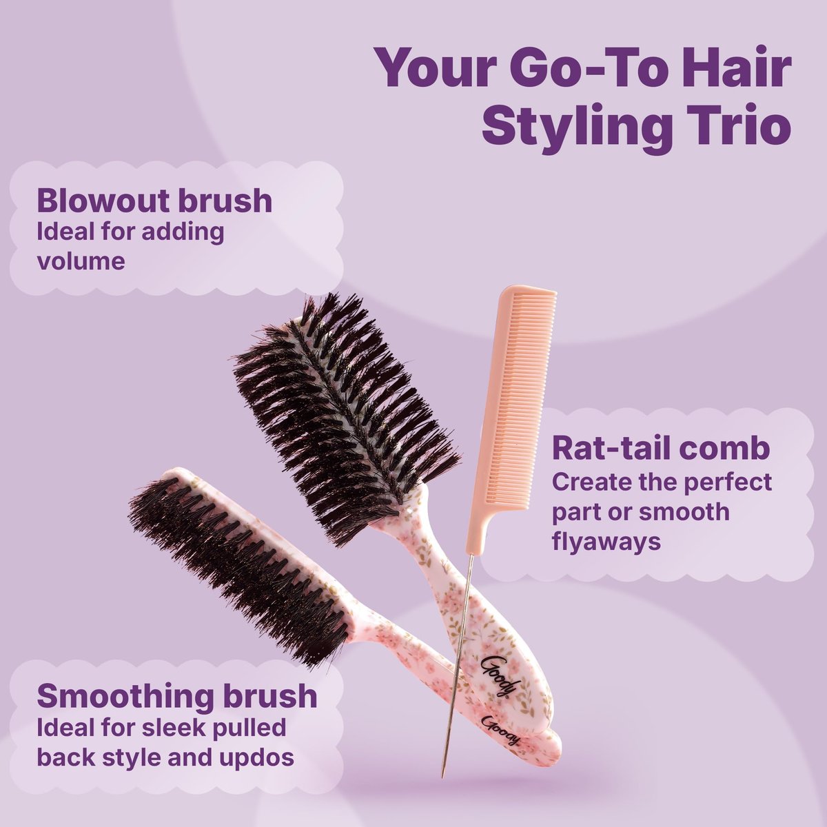 Goody 3-Piece Styling Hairbrush Set – Floral Pattern – Boar Bristle Smoothing Brush, Half-Round 180° Brush, Rat-Tail Comb – For All Hair Types – Gift for Women & Girls Avelisse