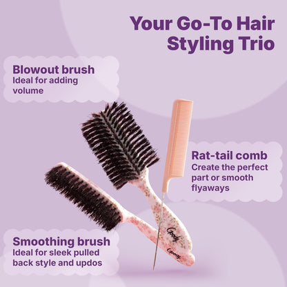 Goody 3-Piece Styling Hairbrush Set – Floral Pattern – Boar Bristle Smoothing Brush, Half-Round 180° Brush, Rat-Tail Comb – For All Hair Types – Gift for Women & Girls Avelisse