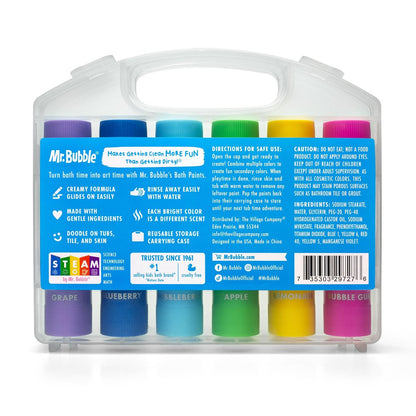 Mr. Bubble Bath Time Body Paints – 6-Color Washable Bath Paint Sticks for Kids, Gentle & Kid-Safe, Scented Colors with Carrying Case