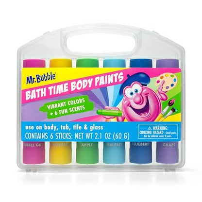 Mr. Bubble Bath Time Body Paints – 6-Color Washable Bath Paint Sticks for Kids, Gentle & Kid-Safe, Scented Colors with Carrying Case