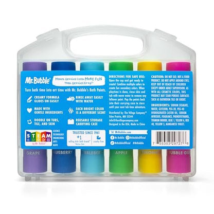 Mr. Bubble Bath Time Body Paints – 6-Color Washable Bath Paint Sticks for Kids, Gentle & Kid-Safe, Scented Colors with Carrying Case