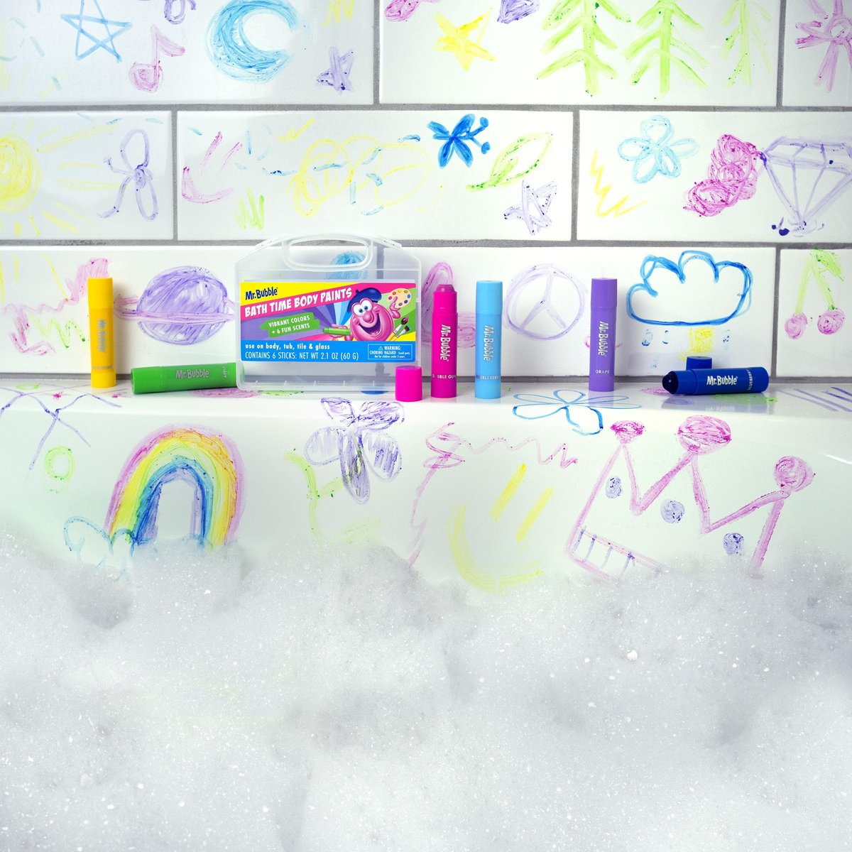 Mr. Bubble Bath Time Body Paints – 6-Color Washable Bath Paint Sticks for Kids, Gentle & Kid-Safe, Scented Colors with Carrying Case - görsel 5