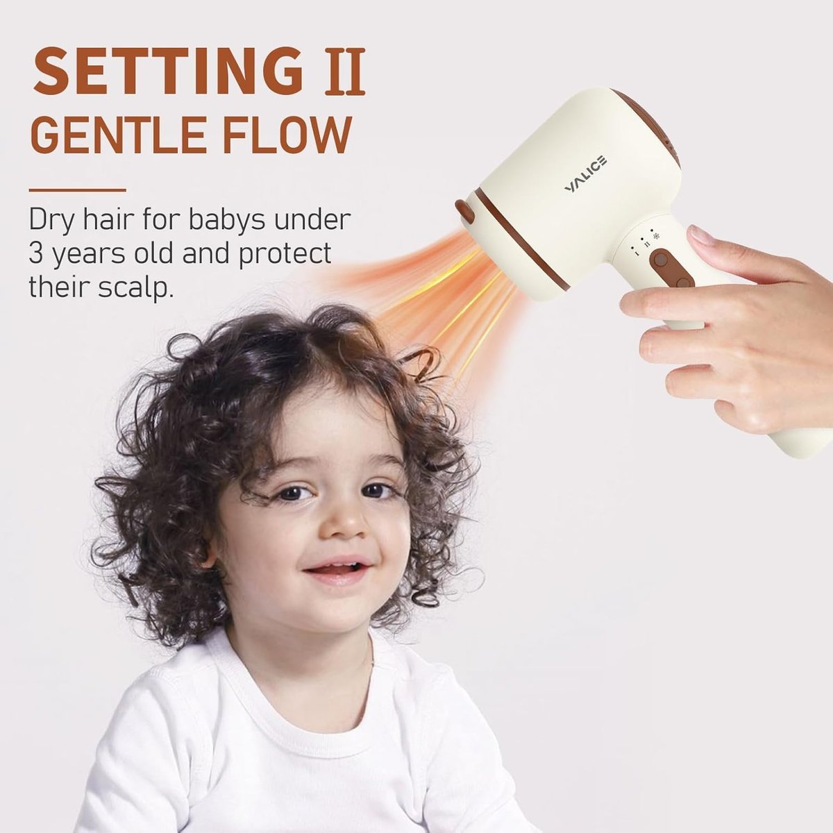 YALICE Cordless Hair Dryer for Baby and Kids, Portable Travel Blow Dryer with Gentle Airflow & Low Heat Ionic Care for Infant, 3 Speed Settings, Mini Rechargeable Hair Dryer with Charging Base, Khaki Avelisse