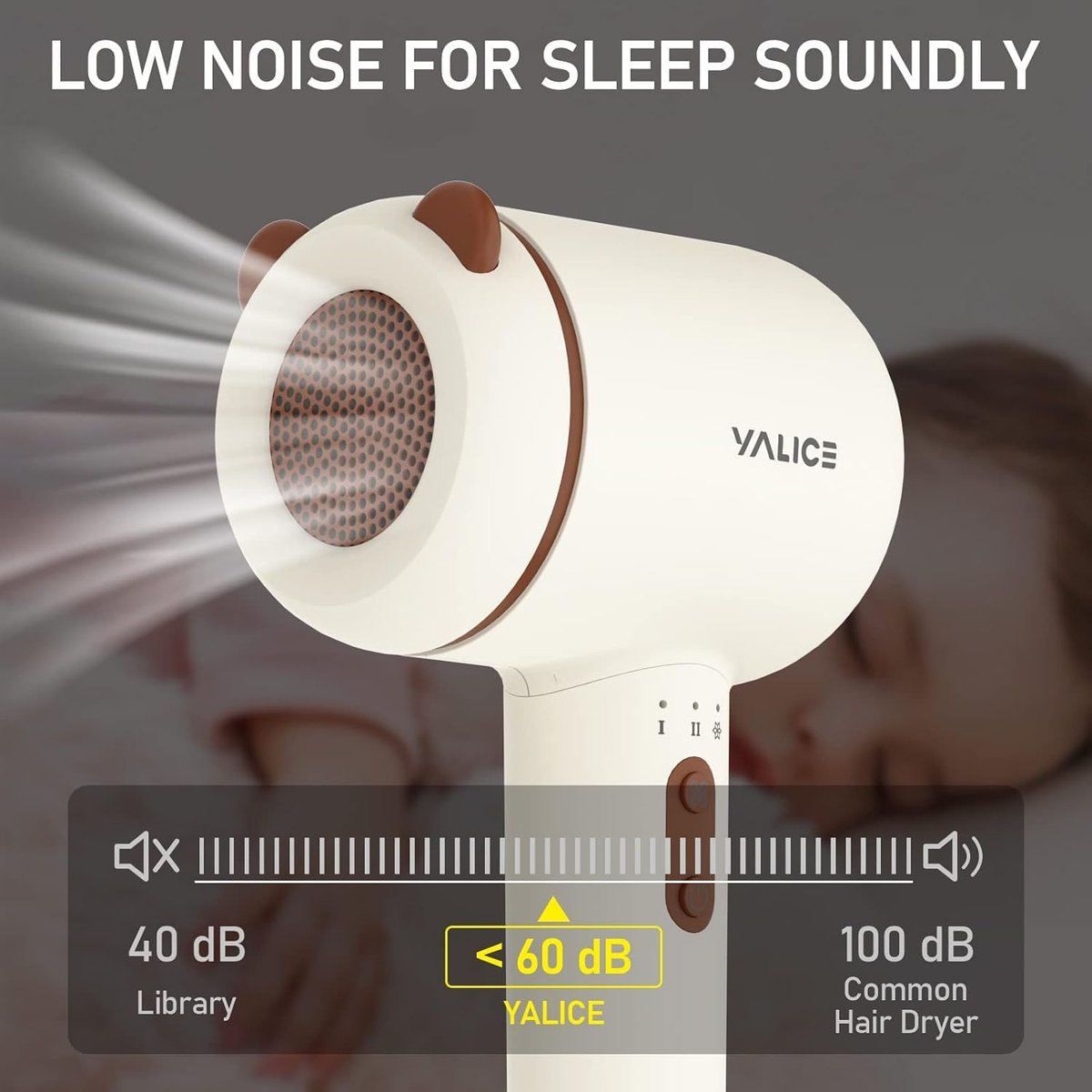 YALICE Cordless Hair Dryer for Baby and Kids, Portable Travel Blow Dryer with Gentle Airflow & Low Heat Ionic Care for Infant, 3 Speed Settings, Mini Rechargeable Hair Dryer with Charging Base, Khaki Avelisse