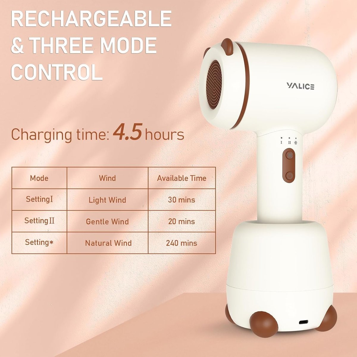 YALICE Cordless Hair Dryer for Baby and Kids, Portable Travel Blow Dryer with Gentle Airflow & Low Heat Ionic Care for Infant, 3 Speed Settings, Mini Rechargeable Hair Dryer with Charging Base, Khaki Avelisse