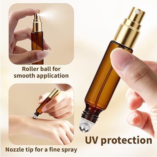 CllyCnny Double Ended Perfume Bottle with Roller Ball & Spray - 4 PCS 10ml Amber Refillable Leakproof Travel Atomizer with Funnel Tool for Perfume, Cologne, Essential Oils (Gold) - görsel 5