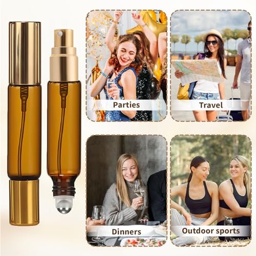 CllyCnny Double Ended Perfume Bottle with Roller Ball & Spray - 4 PCS 10ml Amber Refillable Leakproof Travel Atomizer with Funnel Tool for Perfume, Cologne, Essential Oils (Gold) - görsel 9