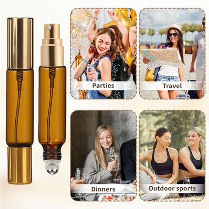 CllyCnny Double Ended Perfume Bottle with Roller Ball & Spray - 4 PCS 10ml Amber Refillable Leakproof Travel Atomizer with Funnel Tool for Perfume, Cologne, Essential Oils (Gold)