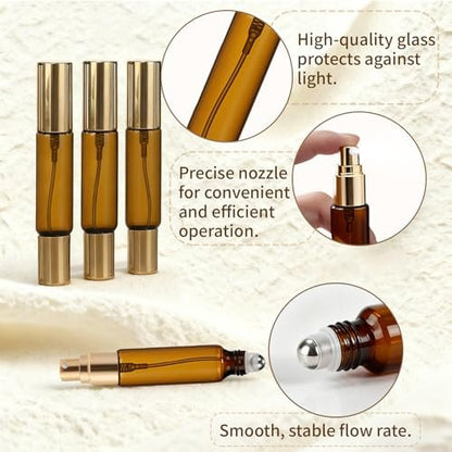 CllyCnny Double Ended Perfume Bottle with Roller Ball & Spray - 4 PCS 10ml Amber Refillable Leakproof Travel Atomizer with Funnel Tool for Perfume, Cologne, Essential Oils (Gold)