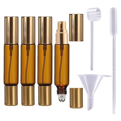 CllyCnny Double Ended Perfume Bottle with Roller Ball & Spray - 4 PCS 10ml Amber Refillable Leakproof Travel Atomizer with Funnel Tool for Perfume, Cologne, Essential Oils (Gold) - görsel 1