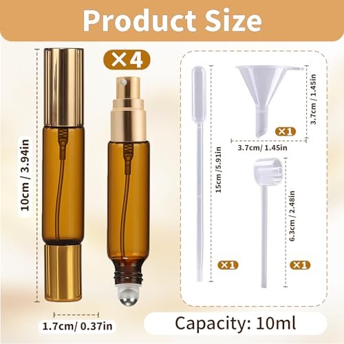 CllyCnny Double Ended Perfume Bottle with Roller Ball & Spray - 4 PCS 10ml Amber Refillable Leakproof Travel Atomizer with Funnel Tool for Perfume, Cologne, Essential Oils (Gold) - görsel 3