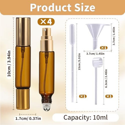 CllyCnny Double Ended Perfume Bottle with Roller Ball & Spray - 4 PCS 10ml Amber Refillable Leakproof Travel Atomizer with Funnel Tool for Perfume, Cologne, Essential Oils (Gold)