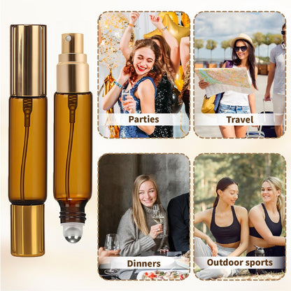 CllyCnny Double Ended Perfume Bottle with Roller Ball & Spray - 4 PCS 10ml Amber Refillable Leakproof Travel Atomizer with Funnel Tool for Perfume, Cologne, Essential Oils (Gold)