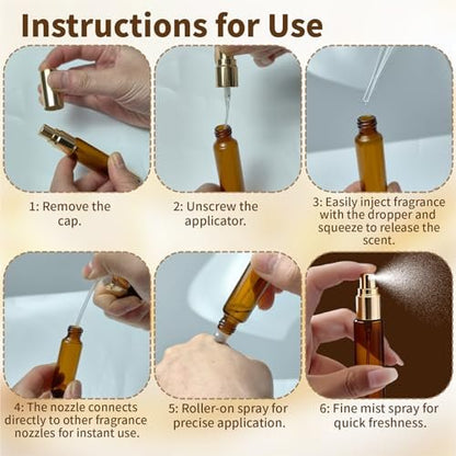 CllyCnny Double Ended Perfume Bottle with Roller Ball & Spray - 4 PCS 10ml Amber Refillable Leakproof Travel Atomizer with Funnel Tool for Perfume, Cologne, Essential Oils (Gold)