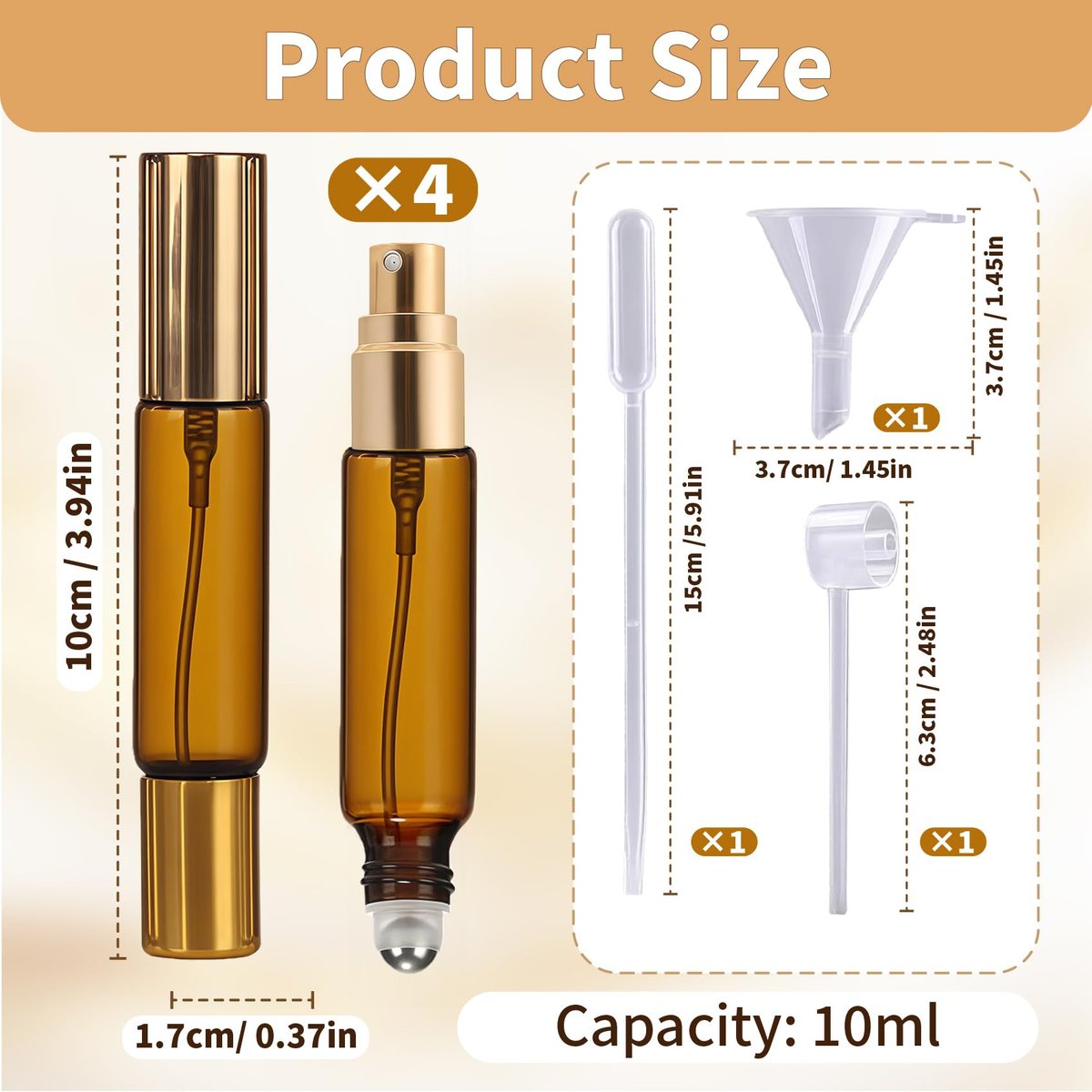 CllyCnny Double Ended Perfume Bottle with Roller Ball & Spray - 4 PCS 10ml Amber Refillable Leakproof Travel Atomizer with Funnel Tool for Perfume, Cologne, Essential Oils (Gold) - görsel 4