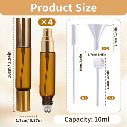 CllyCnny Double Ended Perfume Bottle with Roller Ball & Spray - 4 PCS 10ml Amber Refillable Leakproof Travel Atomizer with Funnel Tool for Perfume, Cologne, Essential Oils (Gold)