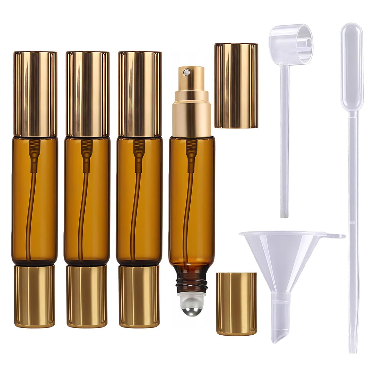 CllyCnny Double Ended Perfume Bottle with Roller Ball & Spray - 4 PCS 10ml Amber Refillable Leakproof Travel Atomizer with Funnel Tool for Perfume, Cologne, Essential Oils (Gold) - görsel 2