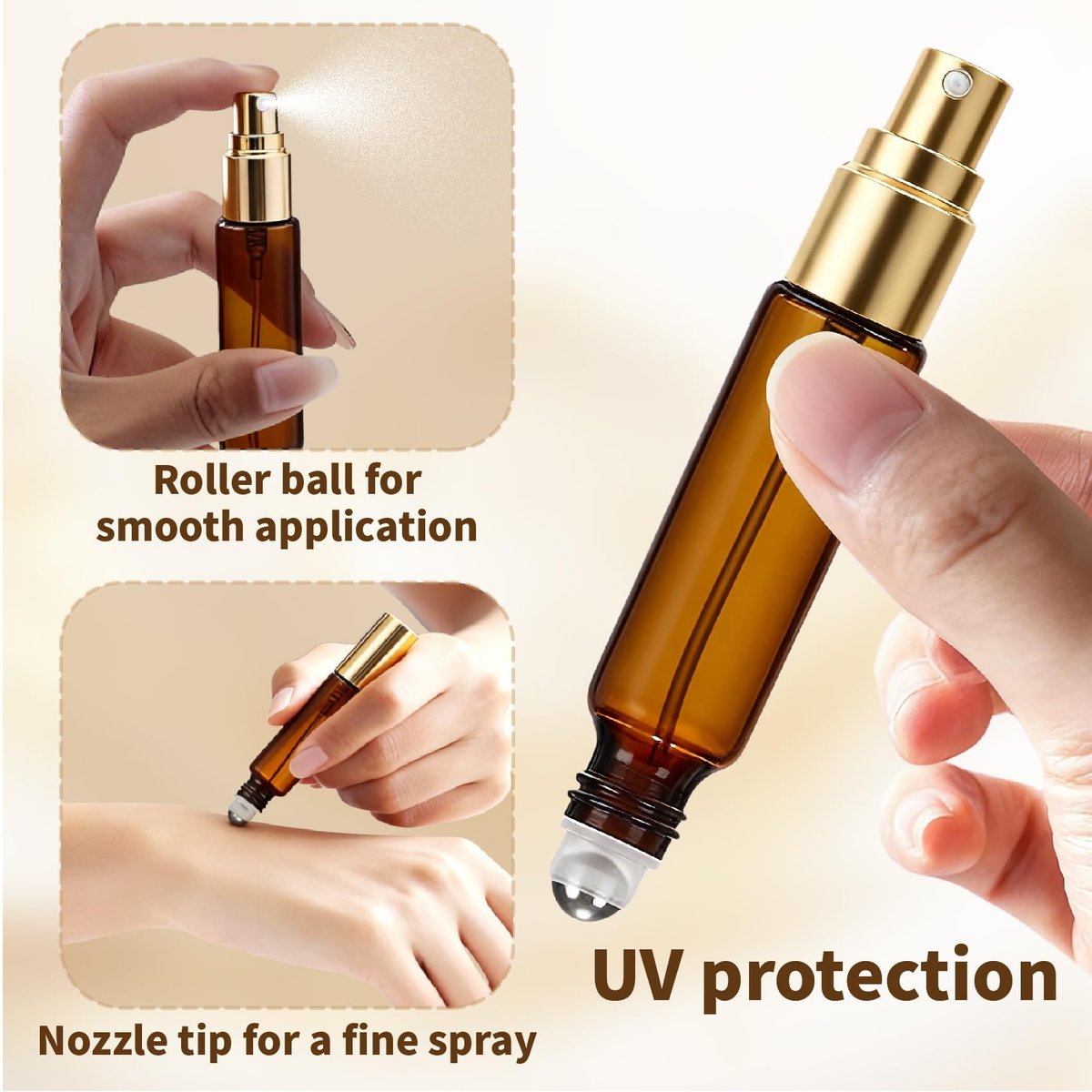 CllyCnny Double Ended Perfume Bottle with Roller Ball & Spray - 4 PCS 10ml Amber Refillable Leakproof Travel Atomizer with Funnel Tool for Perfume, Cologne, Essential Oils (Gold) - görsel 6