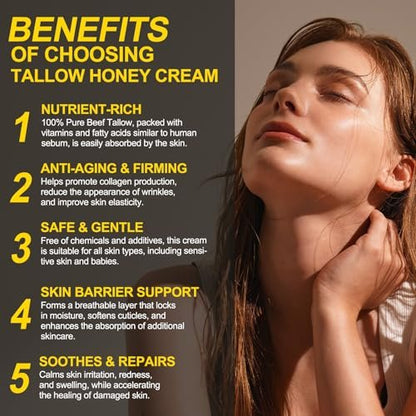Beef Tallow for Skin, Whipped Tallow Honey Balm for Face - Grass Fed Beef Tallow & Raw Wild Honey - Organic Moisturizer for Soft, Smooth Skin - Light Scent, Moisturizing Natural Formula, 4.2 Oz Avelisse