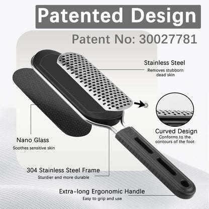 FREATECH Nano Glass & Stainless Steel Foot File 2-in-1 Foot Rasp for Callus Remover, Professional Pedicure Tool for Hard Cracked Dead Heel Skin, Smooth Exfoliating Heel Care for Home Spa Shower