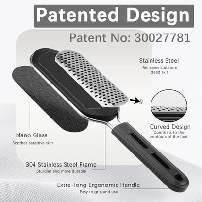 FREATECH Nano Glass & Stainless Steel Foot File 2-in-1 Foot Rasp for Callus Remover, Professional Pedicure Tool for Hard Cracked Dead Heel Skin, Smooth Exfoliating Heel Care for Home Spa Shower