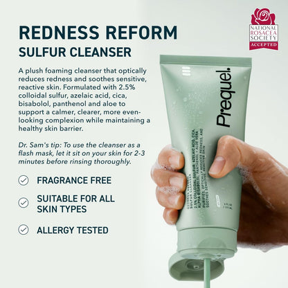 Prequel Skin Redness Reform Sulfur Cleanser – Calming Face Wash with Azelaic Acid & Colloidal Sulfur for Redness & Discomfort – Dermatologist-Developed – 6.5 oz