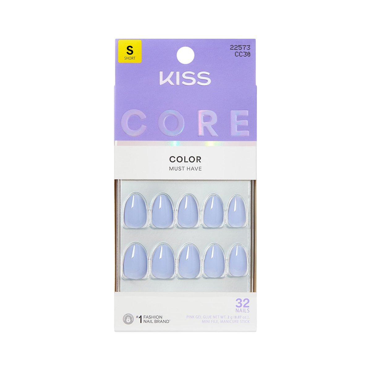 KISS Core Press On Nails 'Flee' - Blue, Short Almond, 32 Nails with Glue & Tools Avelisse