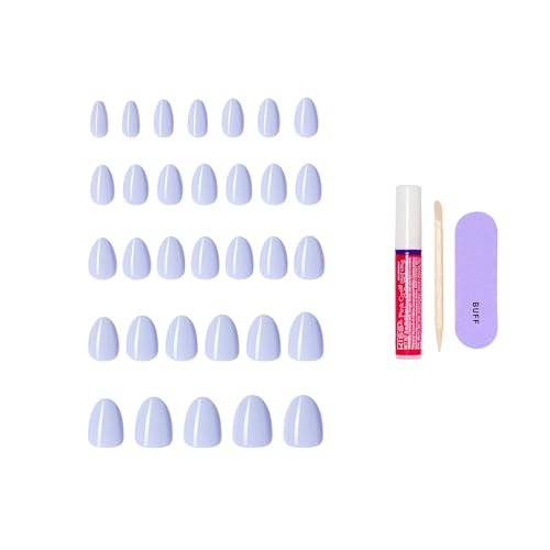 KISS Core Press On Nails 'Flee' - Blue, Short Almond, 32 Nails with Glue & Tools Avelisse