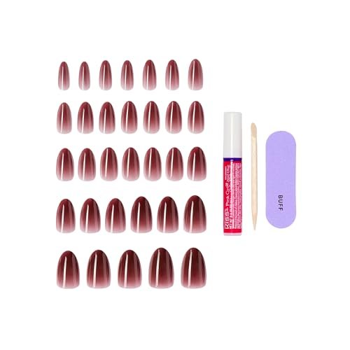 KISS Press On Nails Pinot Noir - Red Almond Medium Size with Glue - görsel 8