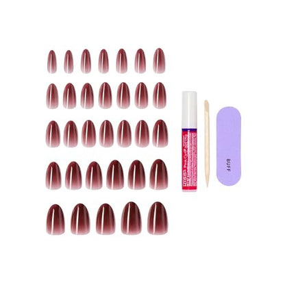 KISS Press On Nails Pinot Noir - Red Almond Medium Size with Glue