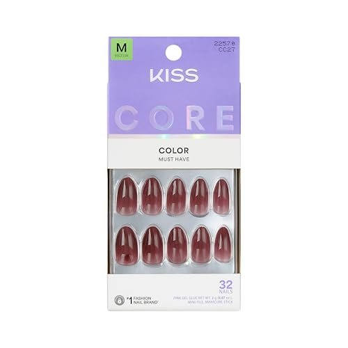 KISS Press On Nails Pinot Noir - Red Almond Medium Size with Glue - görsel 2