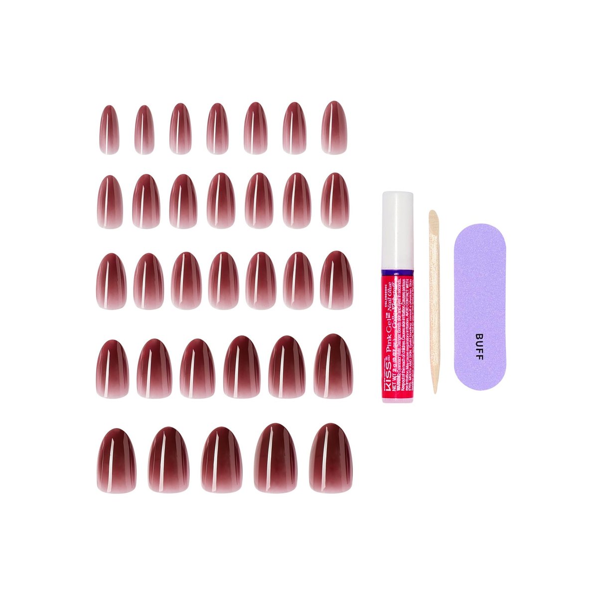 KISS Press On Nails Pinot Noir - Red Almond Medium Size with Glue - görsel 7