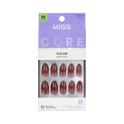KISS Press On Nails Pinot Noir - Red Almond Medium Size with Glue