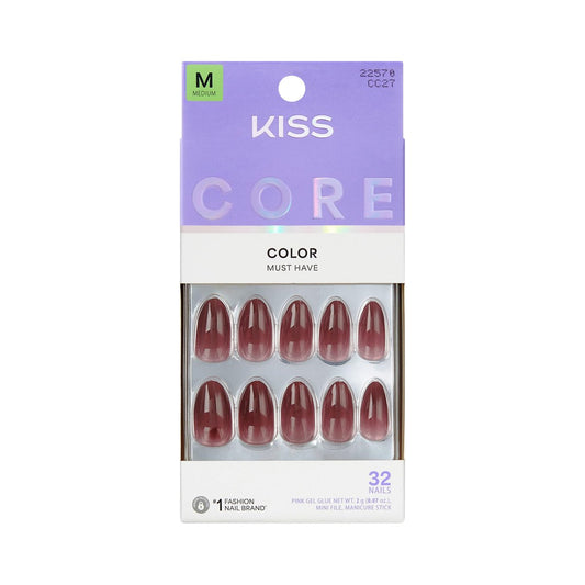 KISS Press On Nails Pinot Noir - Red Almond Medium Size with Glue