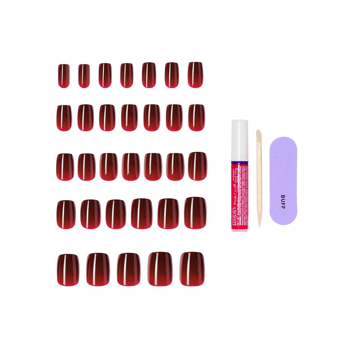 KISS Core Press On Nails Sprightly Red Short Squoval – 32 Nails with Glue, File & Stick Avelisse