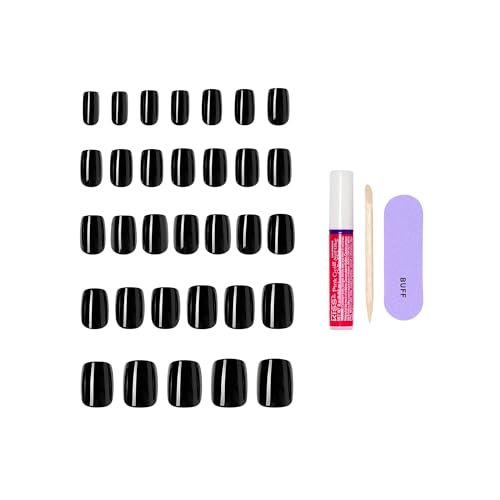 KISS Press On Nails 'Photogenic' – Black Short Squoval Nails with Glue, 32-Piece Kit Avelisse