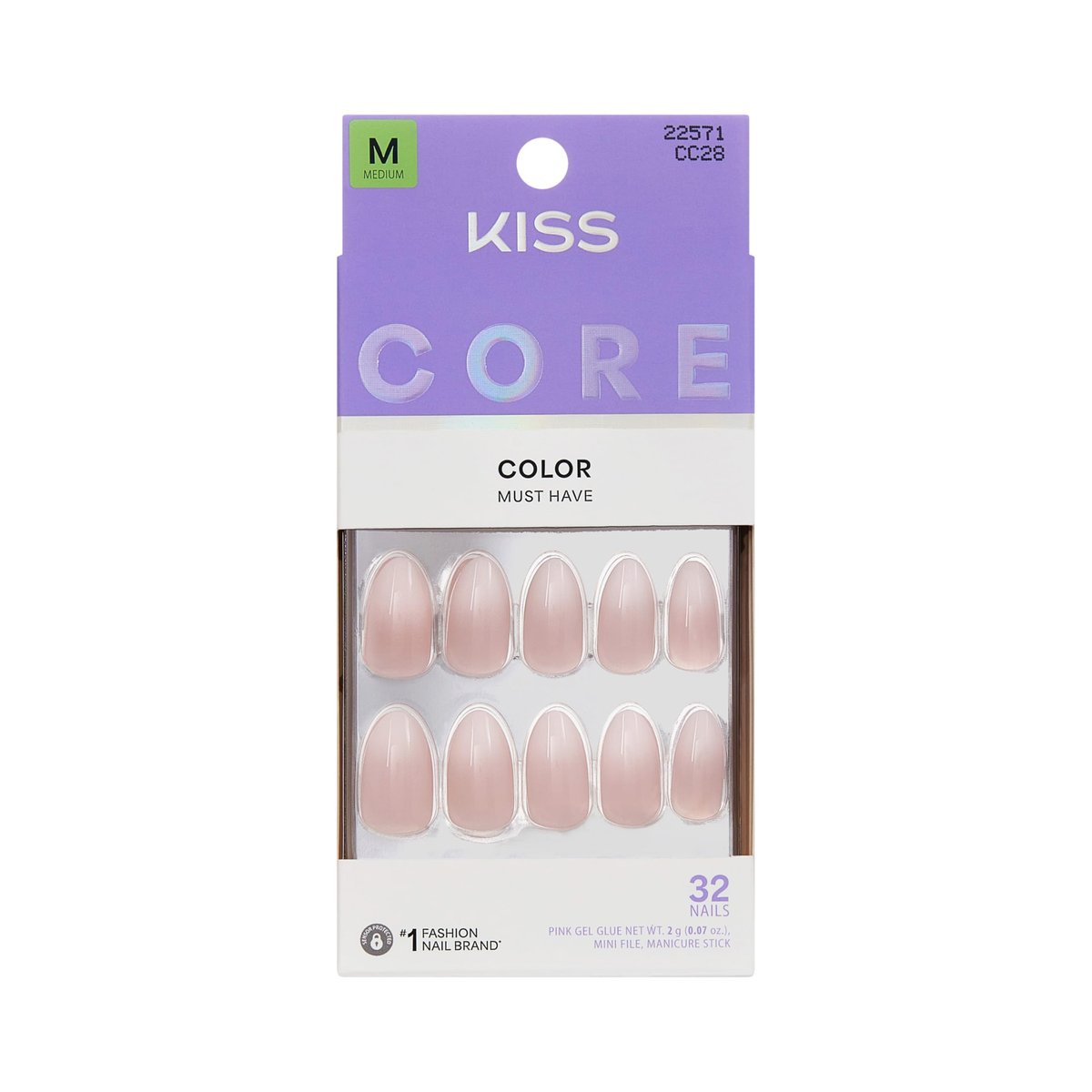 KISS Core Press On Nails 'Dulcet' - Pink Almond Medium - 32 Nails with Glue, Stick & File Avelisse