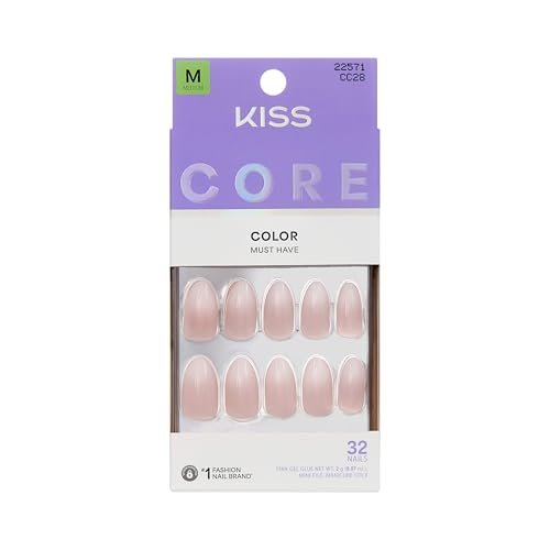KISS Core Press On Nails 'Dulcet' - Pink Almond Medium - 32 Nails with Glue, Stick & File Avelisse