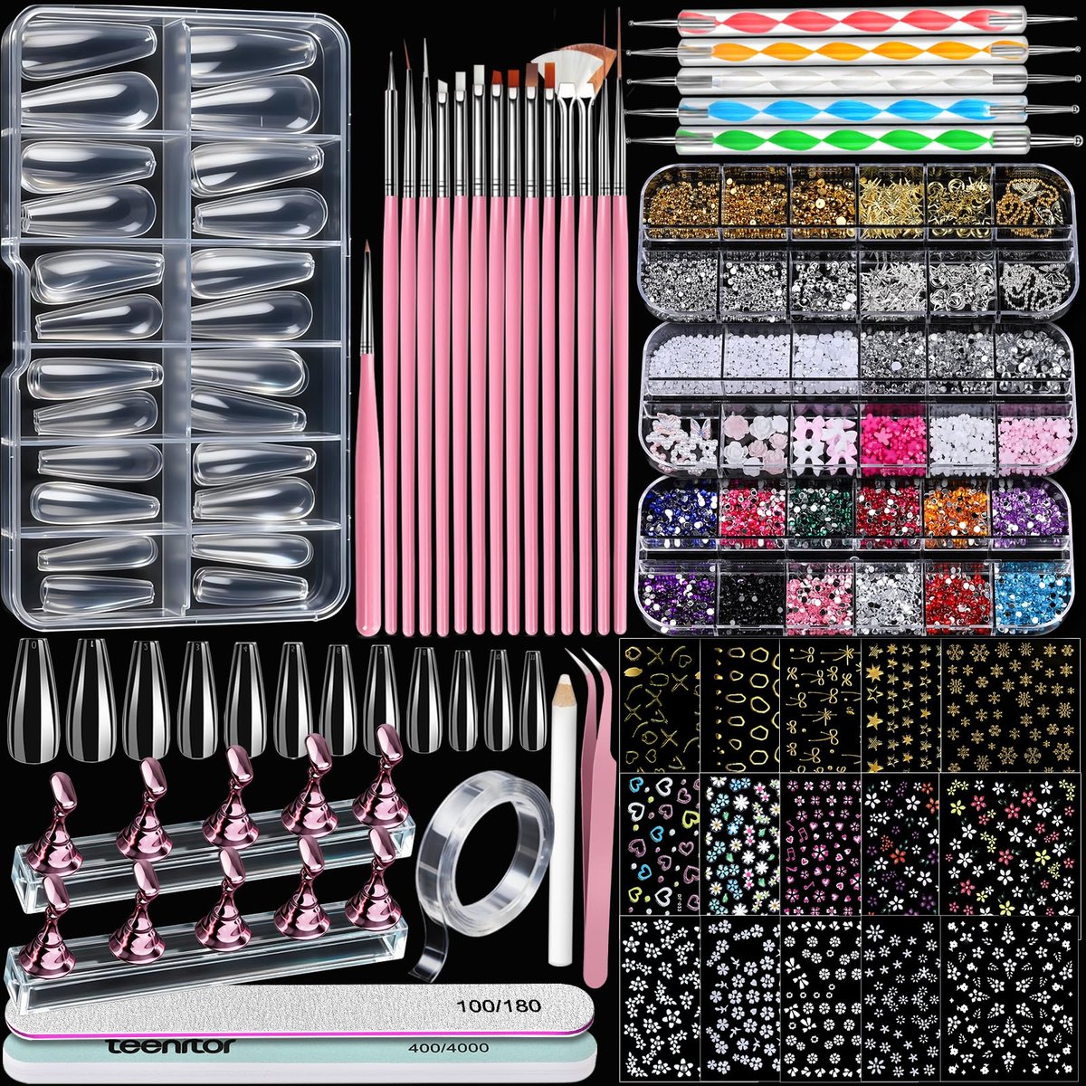 Teenitor Acrylic Nail Kit with Clear Coffin Nail Tips, Nail Charms, Gems, Stickers, Brushes, Dotting Tools, and Stand - DIY Press On Nails Kit for Beginners and Professionals Avelisse