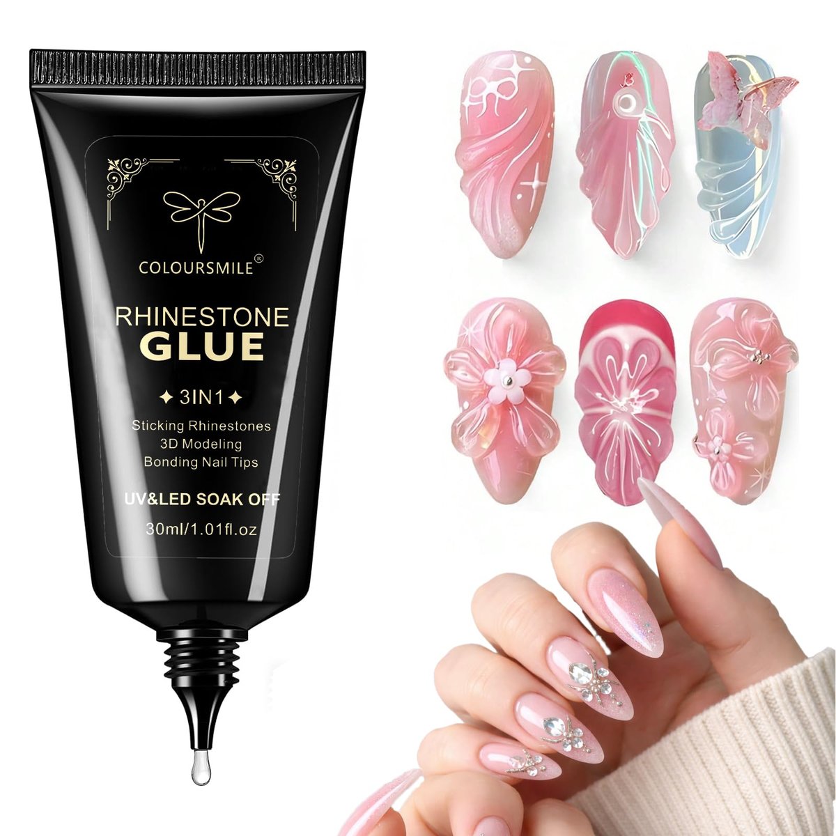 COLOURSMILE 30ML Super Strong Nail Rhinestone Glue - UV/LED Lamp Curing Adhesive Gel for 3D Nail Art Gems, Diamonds, Charms & Decorations | Salon & DIY Manicure Beauty Gift - görsel 1