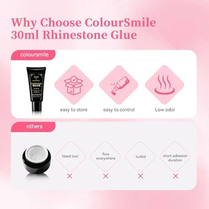 COLOURSMILE 30ML Super Strong Nail Rhinestone Glue - UV/LED Lamp Curing Adhesive Gel for 3D Nail Art Gems, Diamonds, Charms & Decorations | Salon & DIY Manicure Beauty Gift