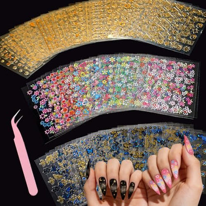 90 Sheets 3D Floral Nail Art Stickers - Self-Adhesive Vinyl Decals for Women & Girls