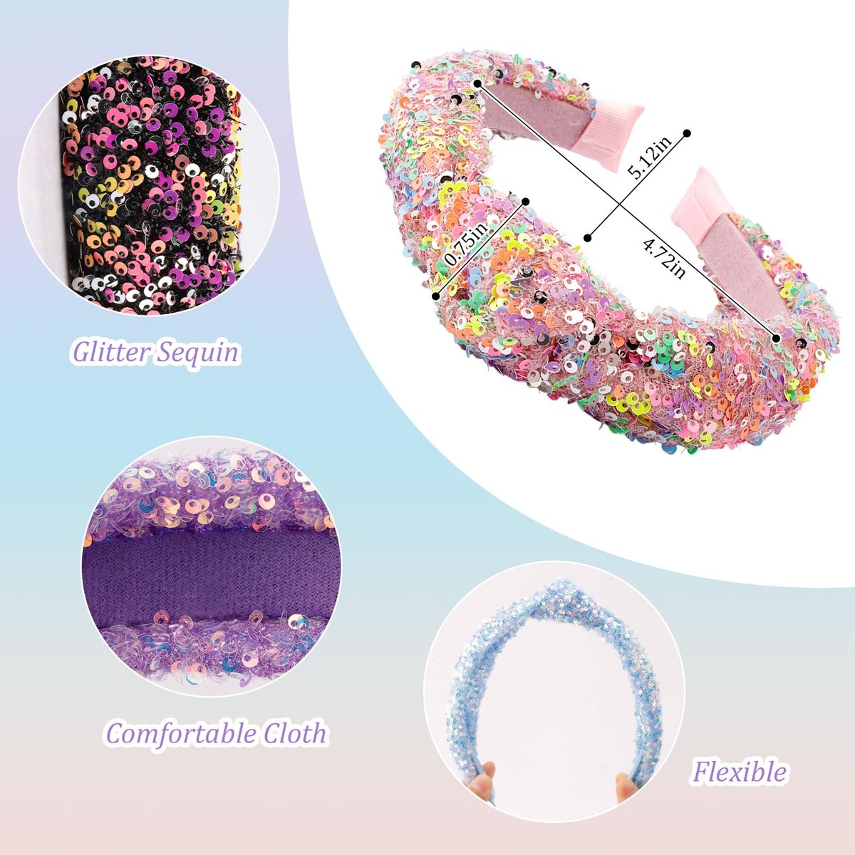Tihebax 6-Pack Knotted Glitter Sequins Headbands for Women & Girls - Sparkly Top Knot Hairbands in Pink, Blue, Purple, Black, White, Colorful - Perfect for Back to School & Daily Outfits Avelisse