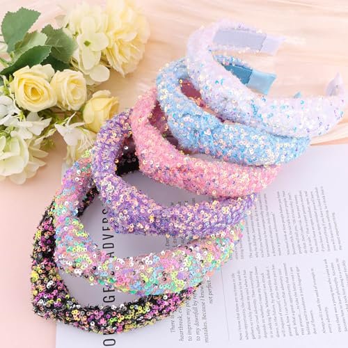 Tihebax 6-Pack Knotted Glitter Sequins Headbands for Women & Girls - Sparkly Top Knot Hairbands in Pink, Blue, Purple, Black, White, Colorful - Perfect for Back to School & Daily Outfits Avelisse