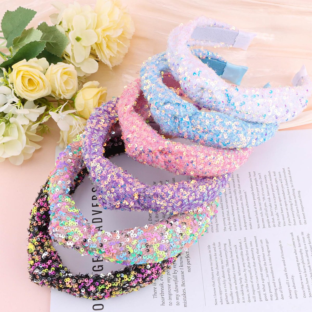 Tihebax 6-Pack Knotted Glitter Sequins Headbands for Women & Girls - Sparkly Top Knot Hairbands in Pink, Blue, Purple, Black, White, Colorful - Perfect for Back to School & Daily Outfits Avelisse