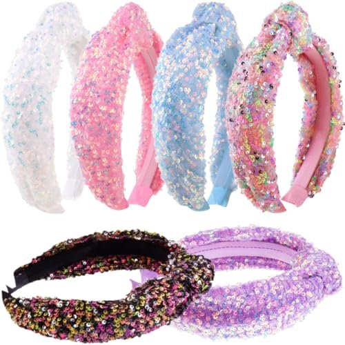 Tihebax 6-Pack Knotted Glitter Sequins Headbands for Women & Girls - Sparkly Top Knot Hairbands in Pink, Blue, Purple, Black, White, Colorful - Perfect for Back to School & Daily Outfits Avelisse