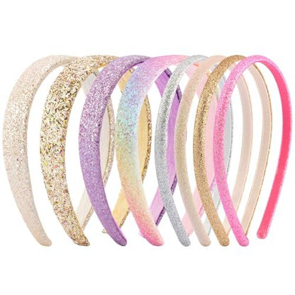 Tihebax 8-Pack Non-Slip Glitter Headbands for Girls | Sparkly Thin & Wide Hairbands for Toddlers and Kids | Gold, Pink, Purple