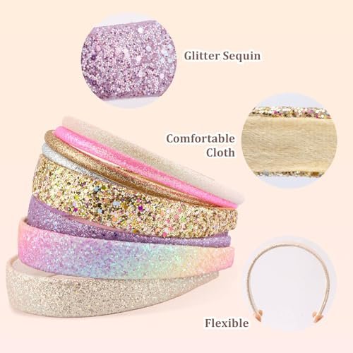 Tihebax 8-Pack Non-Slip Glitter Headbands for Girls | Sparkly Thin & Wide Hairbands for Toddlers and Kids | Gold, Pink, Purple - görsel 8